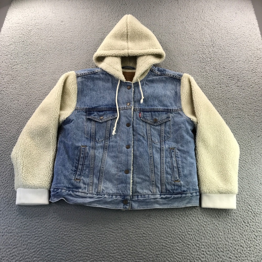 Levis Jacket Womens Large Blue Denim Trucker Ex Boyfriend Sherpa Sleeve Hood
